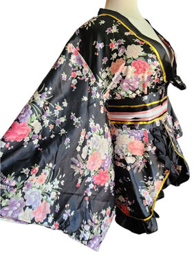 2XL Black Floral Satin Kimono Robe Wrap Jacket Ruffle Hem Tie Belt Plus Size